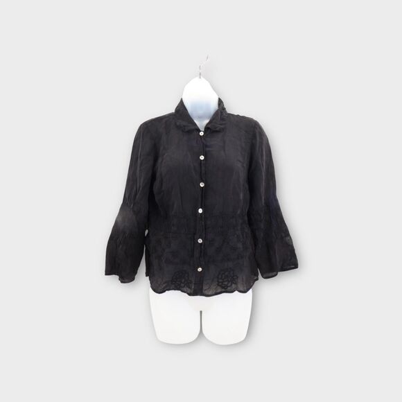 Johnny Was Button Down Shirt Womens Small Black Rayon Embroidered Top Blouse VTG - Picture 2 of 10